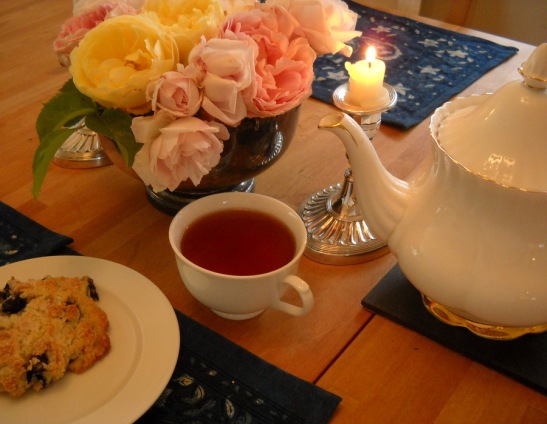 homemade scone with tea roses from my garden